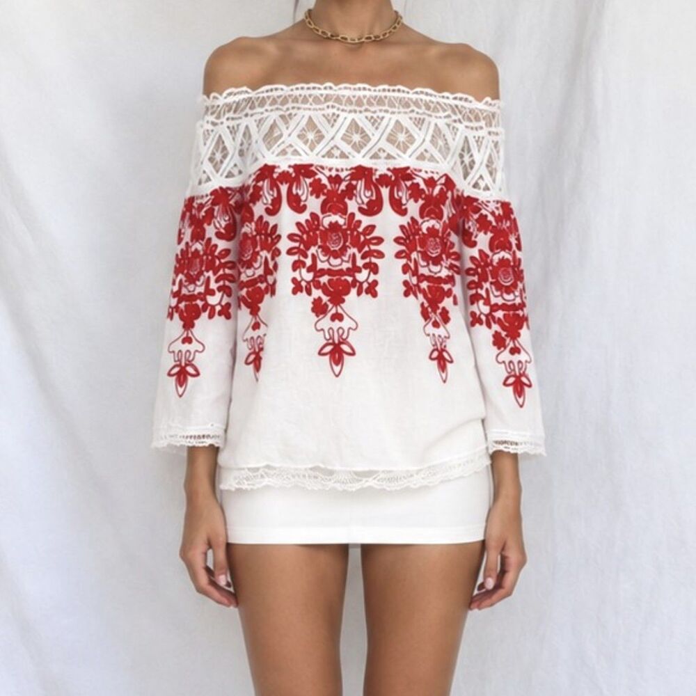 White Off The Shoulder Floral Lace Babydoll Style Cutout Blouse Top Dress Size M